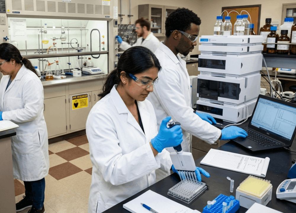 Lab technicians in white coats and blue gloves work intently in a lab, showing What Is Science Laboratory Technology
